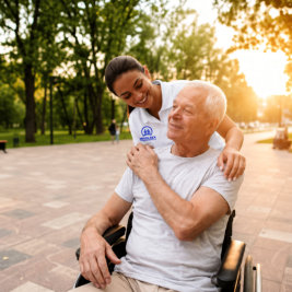 caregiver embracing elder in wheelchair