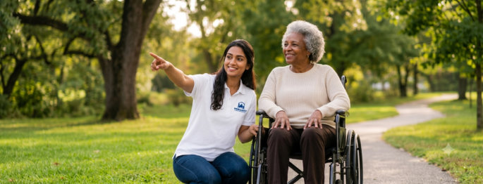 A woman kneels next to a senior woman in a wheelchair in a park. The senior woman has gray hair and wears a cream sweater and brown pants. The younger woman has long dark hair, a white shirt, jeans, and a gray sweater. The younger woman points to something in the distance. This image could be used for marketing related to elder care, family support, or disability services. The setting is an outdoor grassy space with trees in the background. The photo is brightly lit and cheerful.