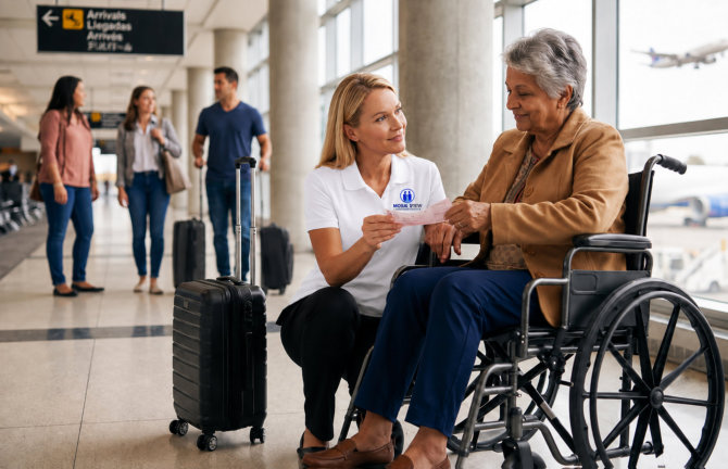 a woman helping an elderly going to airport