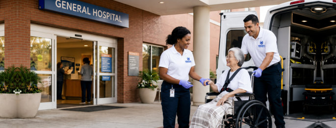 doctors helping an elderly woman on a wheelchair