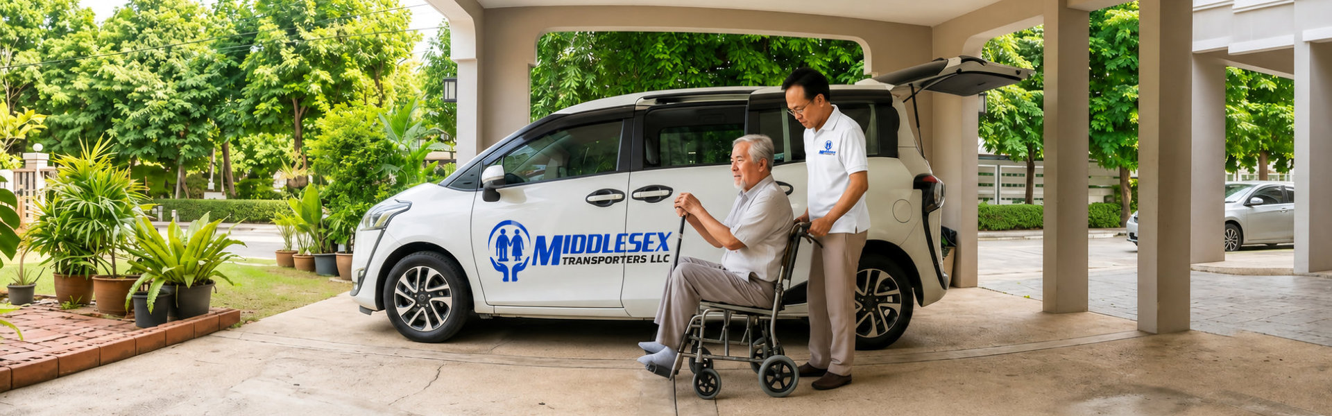 male Caregiver helping disabled senior man get into the car. Professional caregiver nursing home. Nurse assisting senior patient at nursing home